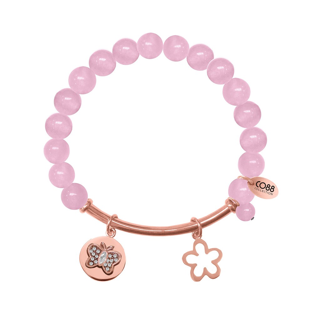 CO88 Collection 8CB-50002 - Rekarmband met natuurstenen, stalen bar en bedels - rozenkwarts 8 mm - zirkonia bloem en ope bloem - one-size - roze / rosékleurig
