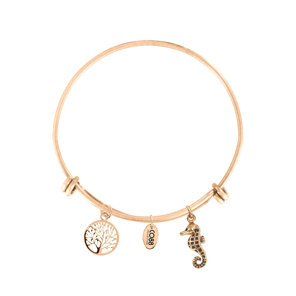 CO88 Collection 8CB-18010 - Stalen bangle met bedels - levensboom en zeepaard - one-size - goudkleurig