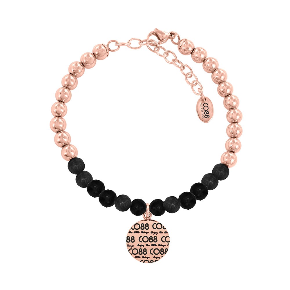 CO88 Collection 8CB-14003 - Armband met bedel - stalen en Jade natuursteen 6 mm - CO88 logo - lengte 17 + 5 cm - zwart / rosékleurig