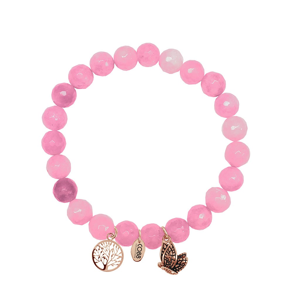 CO88 Collection 8CB-90007 - Armband met bedels - natuursteen en staal - Jade 8 mm - levensboom en vlinder - one-size - roze / rosékleurig