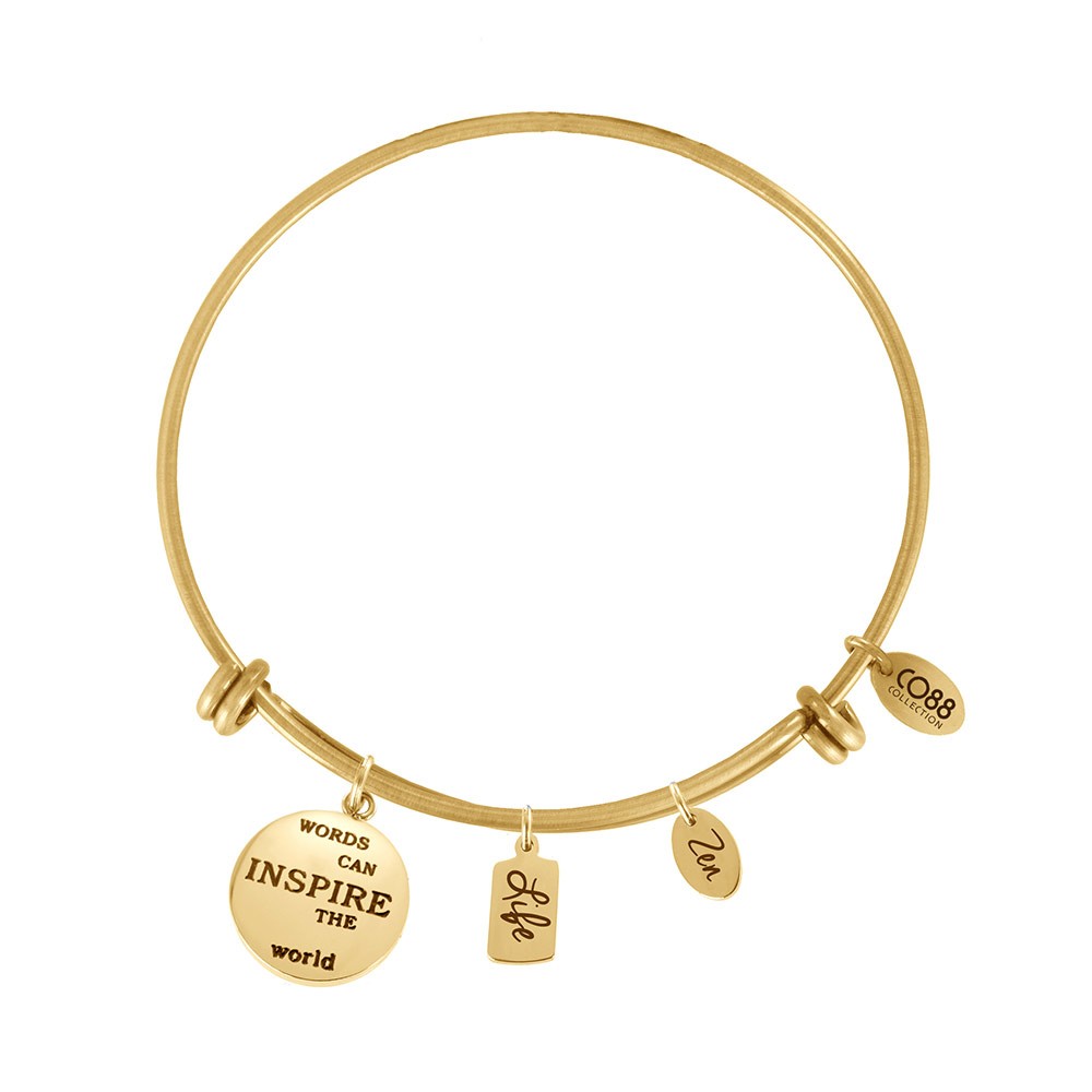 CO88 Collection 8CB-13007 - Stalen bangle met bedels - affirmaties, life en zen - one-size - goudkleurig