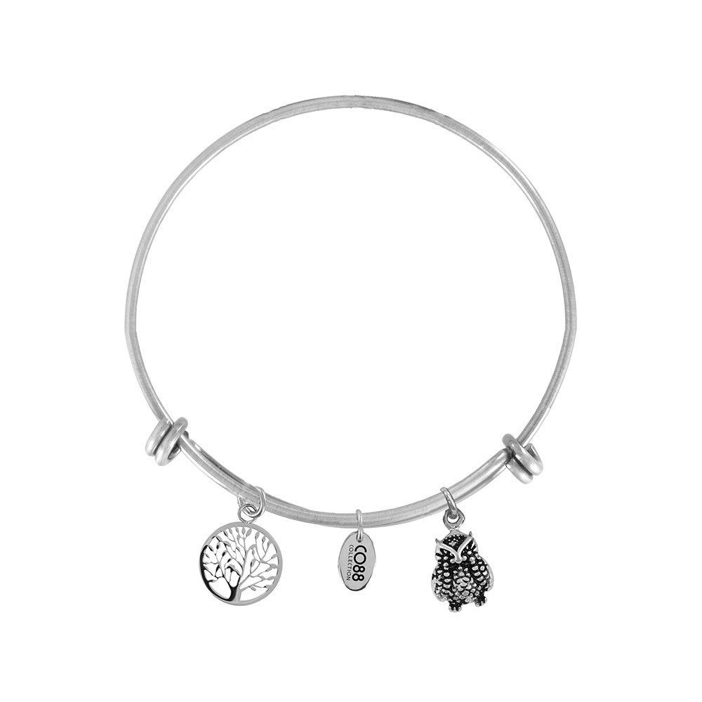 CO88 Collection 8CB-18004 - Stalen bangle met bedels - levensboom en uil - one-size - zilverkleurig