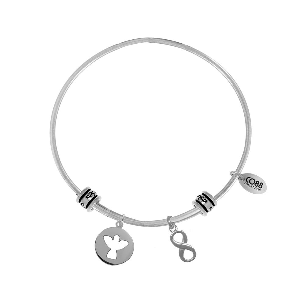 CO88 Collection 8CB-25002 - Stalen bangle met bedels - open engel en infinity symbool - one-size - zilverkleurig