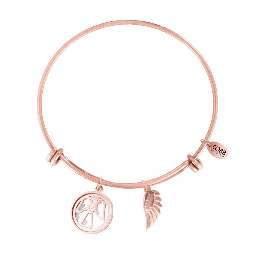 CO88 Collection 8CB-12071 - Stalen bangle met bedel - engel met zirkonia 16 mm - Ø 60 mm - rosékleurig