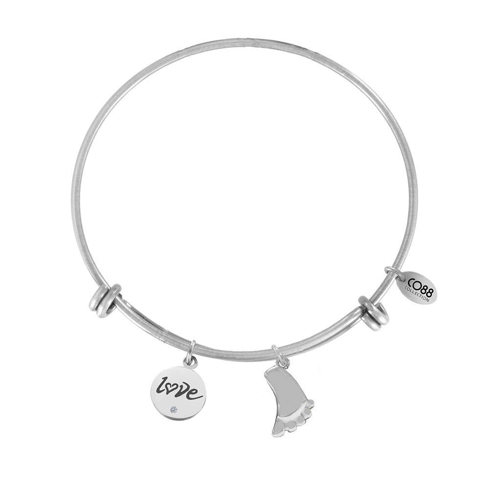 CO88 Collection 8CB-13019 - Stalen bangle met bedel - tekst & voet - Ø 60 mm - zilverkleurig