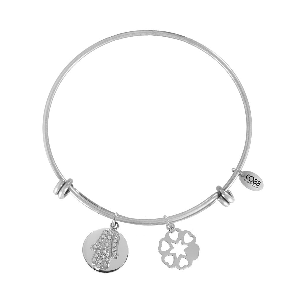 CO88 Collection 8CB-20010 - Stalen bangle met bedels - zirkonia Fatima's hand en harten - one-size - zilverkleurig
