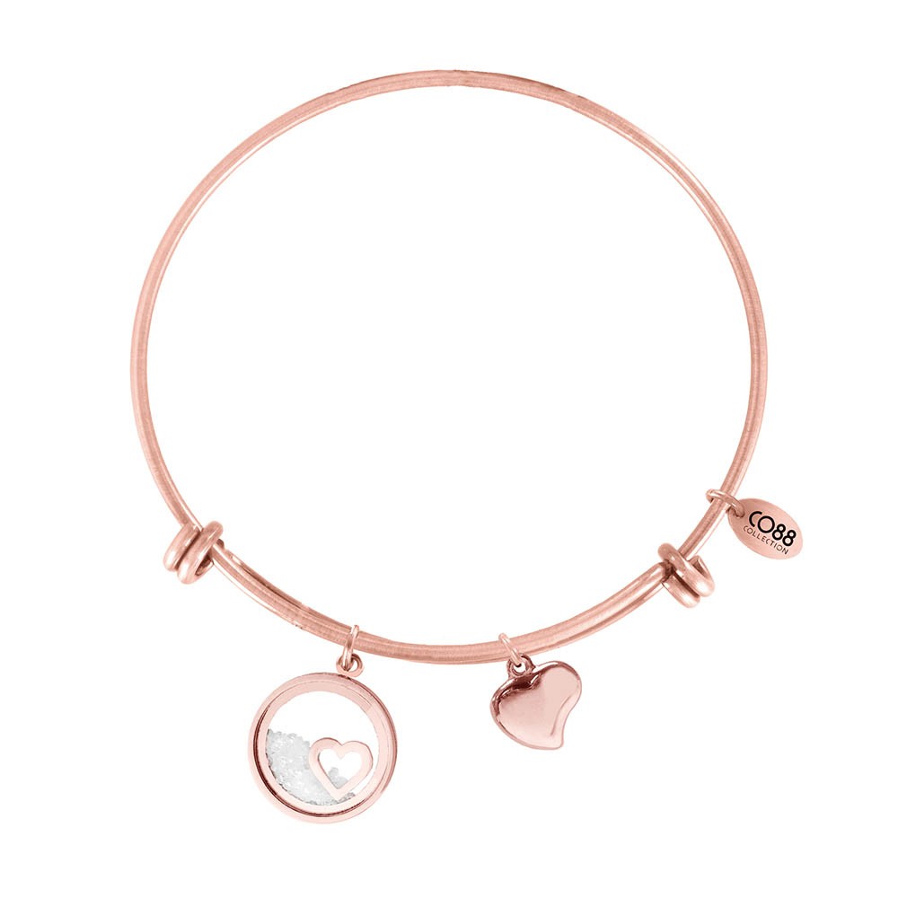 CO88 Collection 8CB-12068 - Stalen bangle met bedel - hart met zirkonia 16 mm - Ø 60 mm - rosékleurig