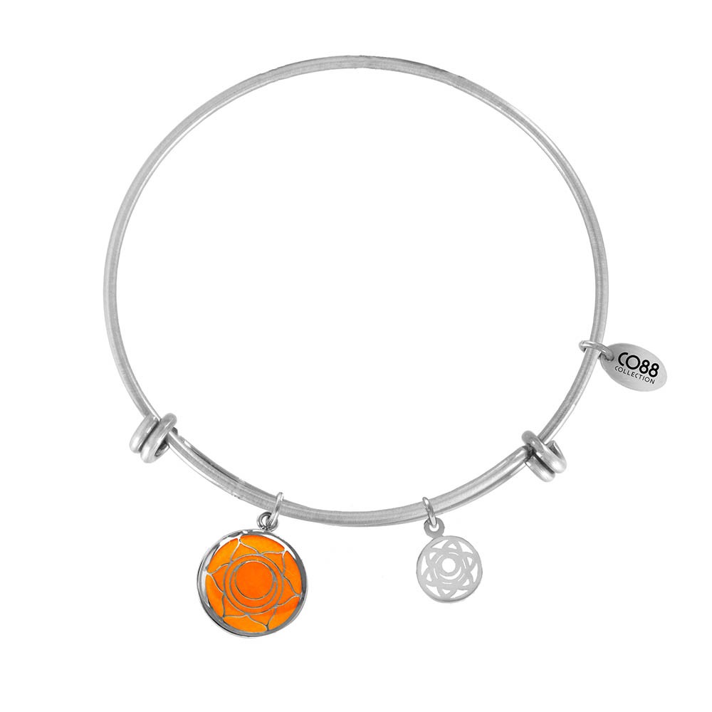 CO88 Collection 8CB-26005 - Stalen bangle met bedels - glazen sacral chakra - one-size - zilverkleurig / oranje