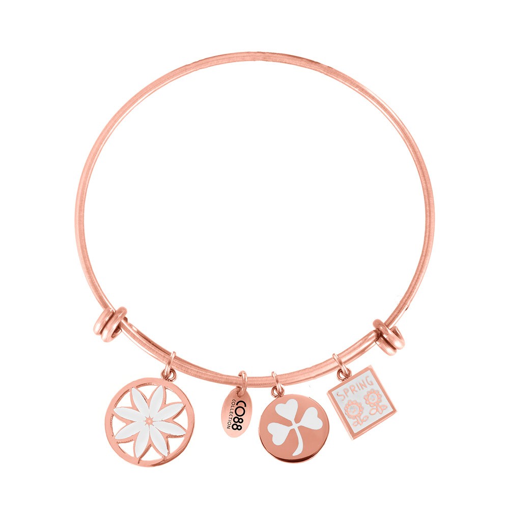 CO88 Collection 8CB-16008 - Stalen bangle met bedels - bloem, klaver en lente zonnebloem - one-size - rosékleurig / wit