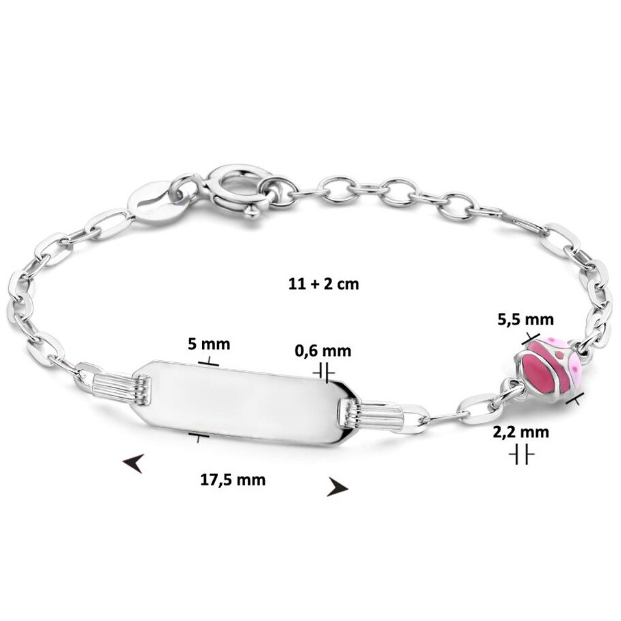 Armband Lieveheersbeestje-Graveerplaatje zilver-emaille roze 11-13 cm