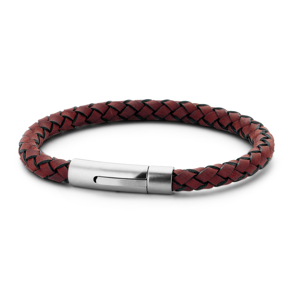 Frank 1967 7FB 0218 Stalen Heren Armband met Leer - Gevlochten - Lengte 21 cm - Rood