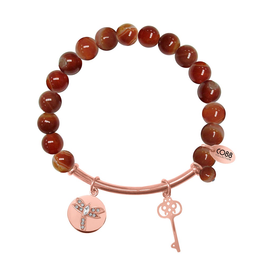 CO88 Collection 8CB-50006 - Rekarmband met natuurstenen, stalen bar en bedels - rood agaat 8 mm - zirkonia libelle en sleutel - one-size - multi rood / rosékleurig