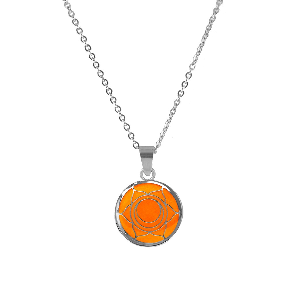 CO88 Collection 8CN-26005 - Stalen collier met hanger - jasseron - glazen sacral chakra 15 mm - lengte 42 + 5 cm - oranje / zilverkleurig