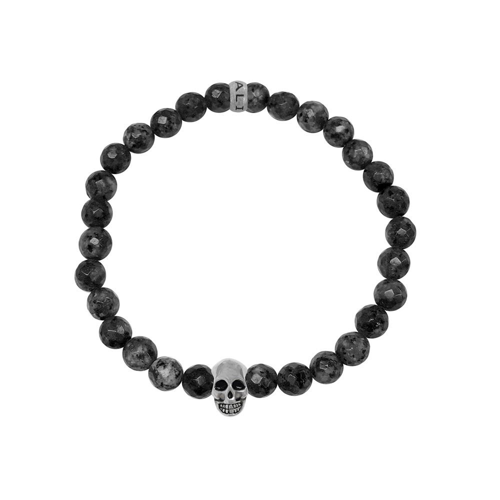 Kaliber 7KB-0068L - Heren armband met beads - schedel - Labradoriet natuursteen 6 mm - maat L (20 cm) - zwart / zilverkleurig