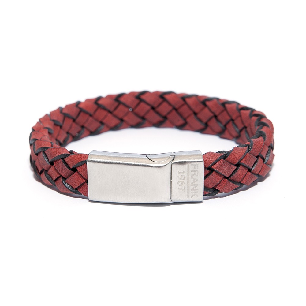 Frank 1967 Frank 1967 Armband Leder/Staal rood-zilverkleurig one-size 7FB-01347FB-0134 - Leren gevlochten heren armband - met staal element - one-size - rood / zilverkleurig