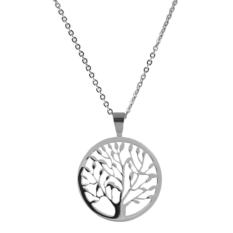 CO88 Collection 8CN-10004 - Stalen collier met hanger - levensboom 30 mm - lengte 42 + 5 cm - zilverkleurig