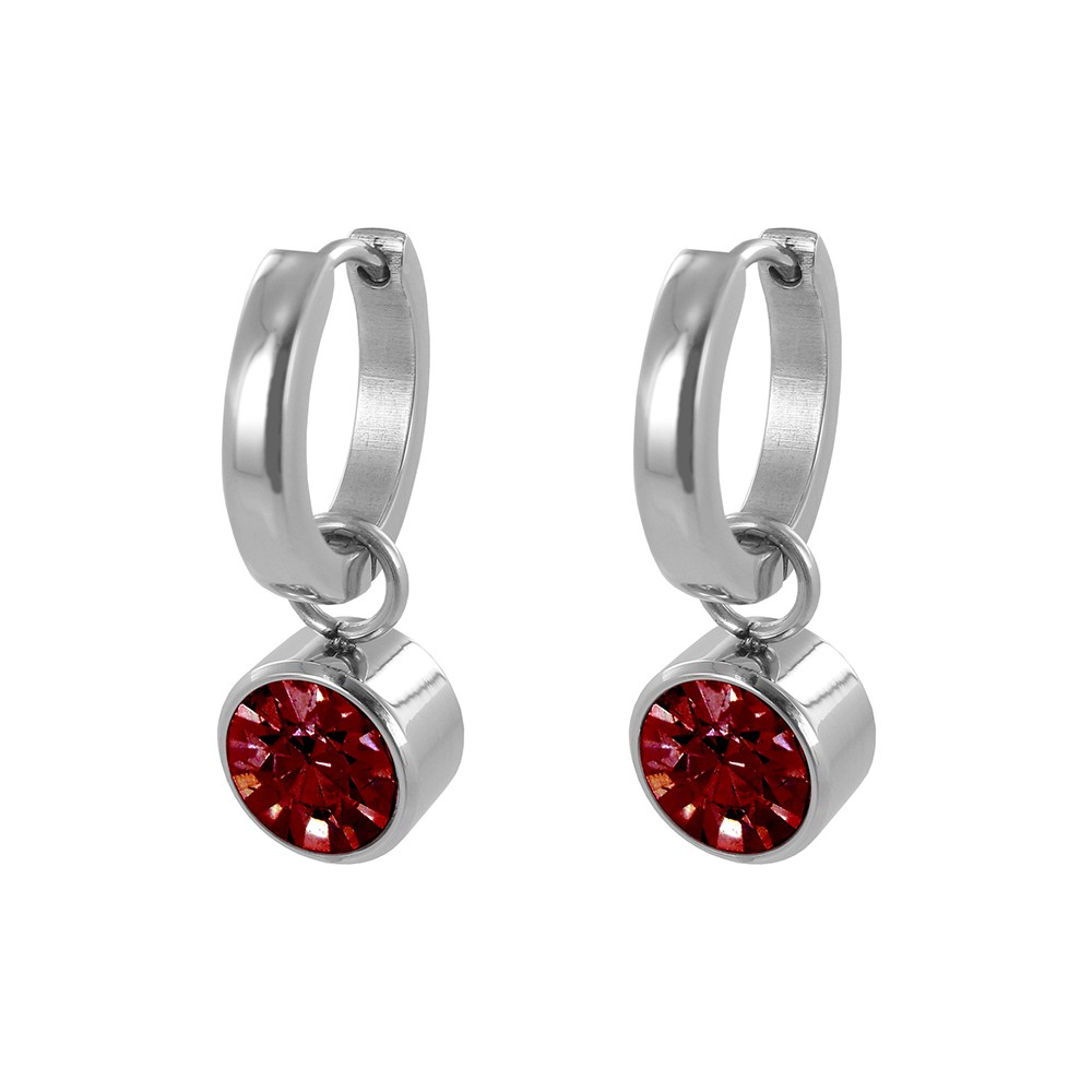 CO88 Collection 8CE-60003 - Stalen creolen met geboortesteen juli | robijn 10 mm - lengte 2,5 cm - rood / zilverkleurig