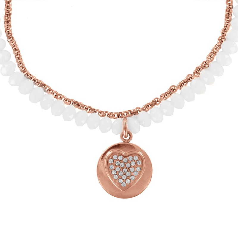 CO88 Collection 8CN-15004 - Collier van staal en kristal - zirkonia hart 15 mm - lengte 42 + 5 cm - wit / rosékleurig