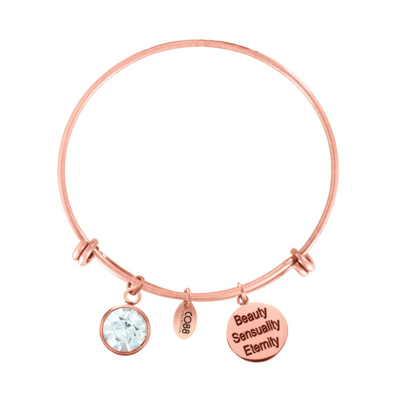 CO88 Collection 8CB-12052 - Stalen bangle met geboortesteen april | Kristal en bedels - one-size - wit / rosékleurig