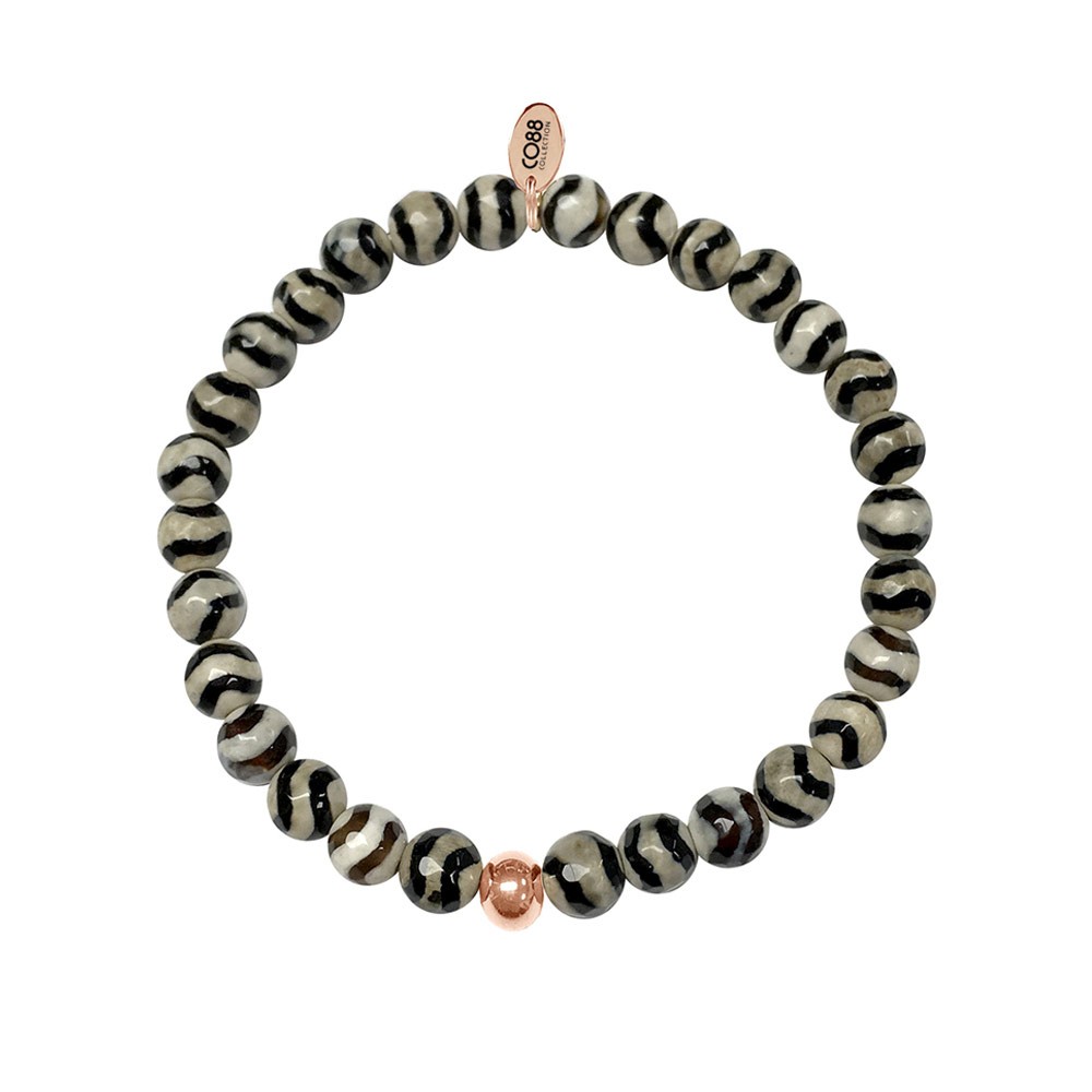 CO88 Collection 8CB-17003 - Armband met tag - staal en golf agaat natuursteen 6 mm - one-size - zwart / wit