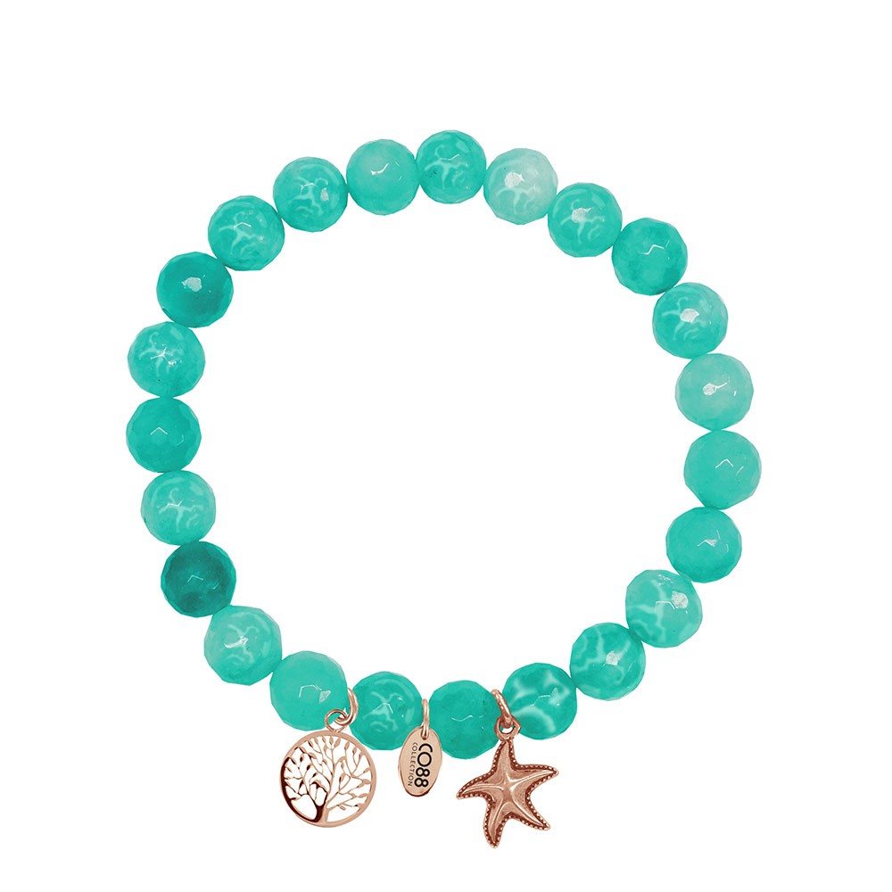 CO88 Collection 8CB-90002 - Armband met bedels - natuursteen en staal - Jade 8 mm - levensboom en zeester - one-size - aqua blauw / goudkleurig