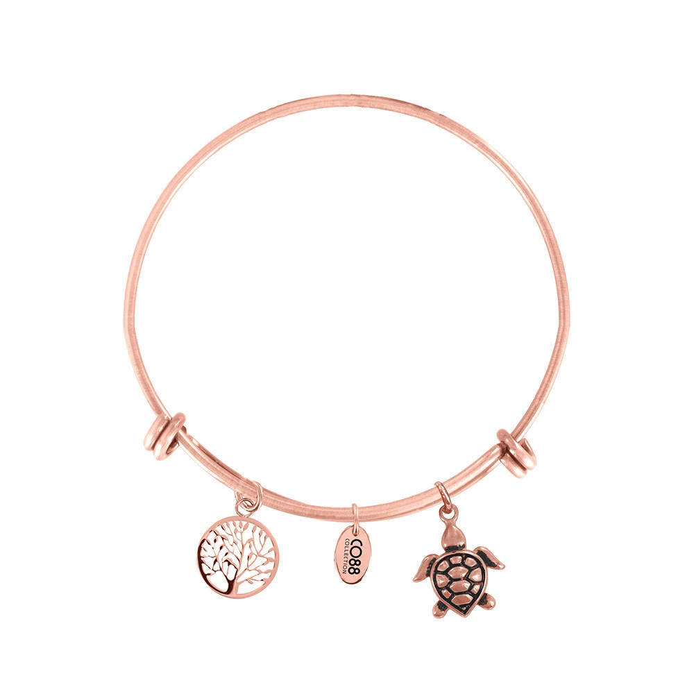 CO88 Collection 8CB-18007 - Stalen bangle met bedels - levensboom en schildpad - one-size - rosékleurig