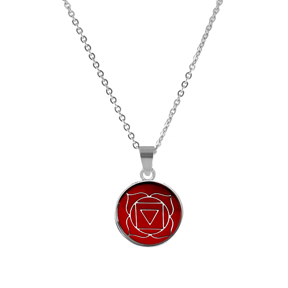 CO88 Collection 8CN-26006 - Stalen collier met hanger - jasseron - glazen root chakra 15 mm - lengte 42 + 5 cm - rood / zilverkleurig