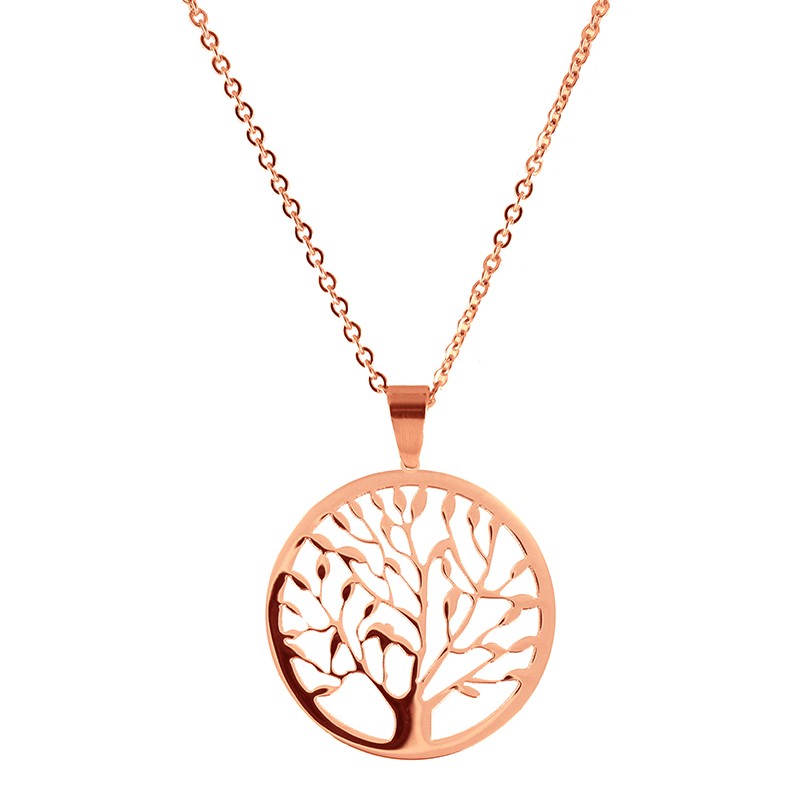 CO88 Collection 8CN-10006 - Stalen collier met hanger - levensboom 30 mm - lengte 42 + 5 cm - rosékleurig