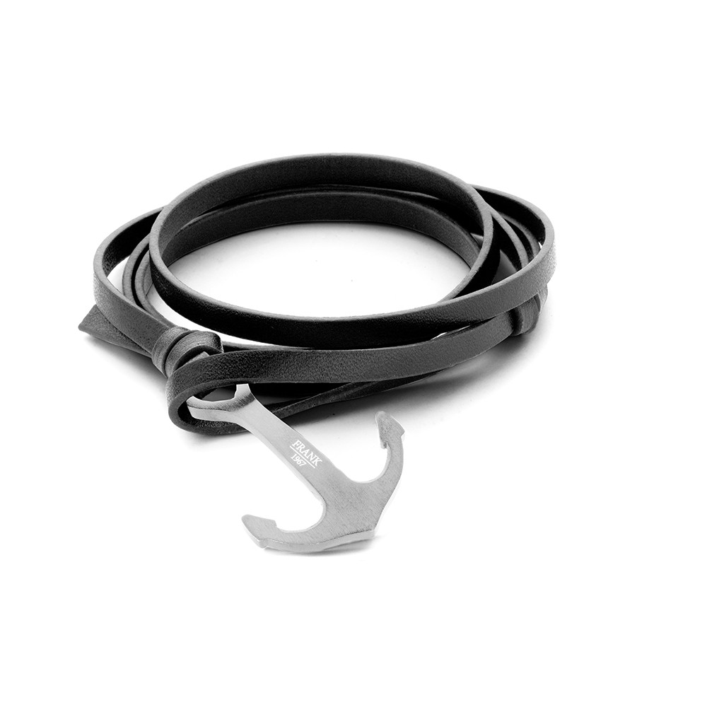 Frank 1967 7FB 0205 Leren wikkelarmband armband - stalen anker 15 mm - lengte 22 cm - zwart / zilverkleurig