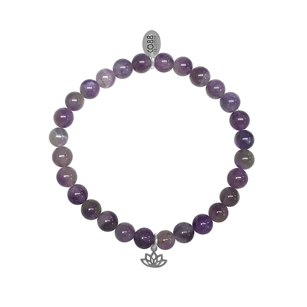 CO88 Collection 8CB-17041 - Rekarmband met staal element - natuursteen Amethist 6 mm - lotus bedel - one-size - amethist / paars / zilverkleurig