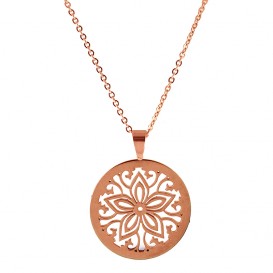 CO88 Collection 8CN-10003 - Stalen collier met hanger - boheemse bloem 30 mm - lengte 42 + 5 cm - rosékleurig